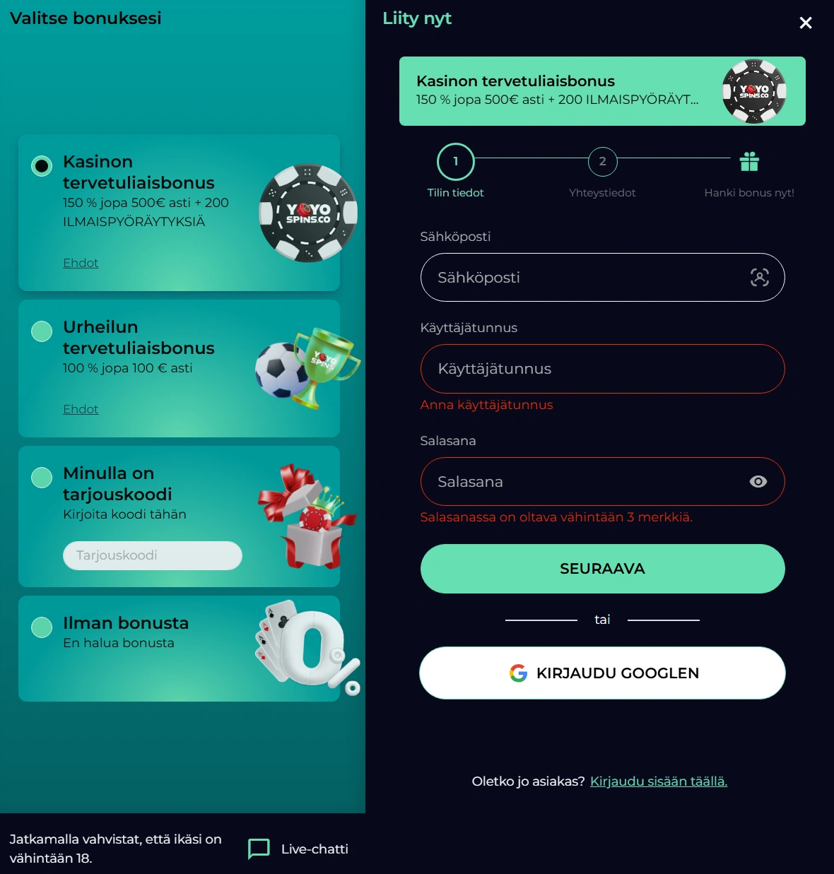 Kuinka rekisteröidyt YoyoSpinsiin?